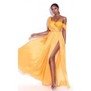 Miss Circle Back In Style Silk Pleated Corset Slit Maxi Dress Yellow XXS NWT